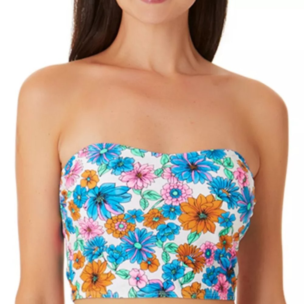 California Waves Wall Paper Floral Long-Line Bandeau Bikini Top White M